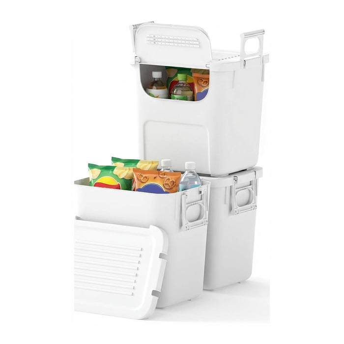 GOFLAME 3 Pack Plastic Storage Bins, 32QT Stackable Storage Containers with Removable Lids, Latching Handles and Ventilation Holes, Nestable Storage Boxes for Home Office Organization, White