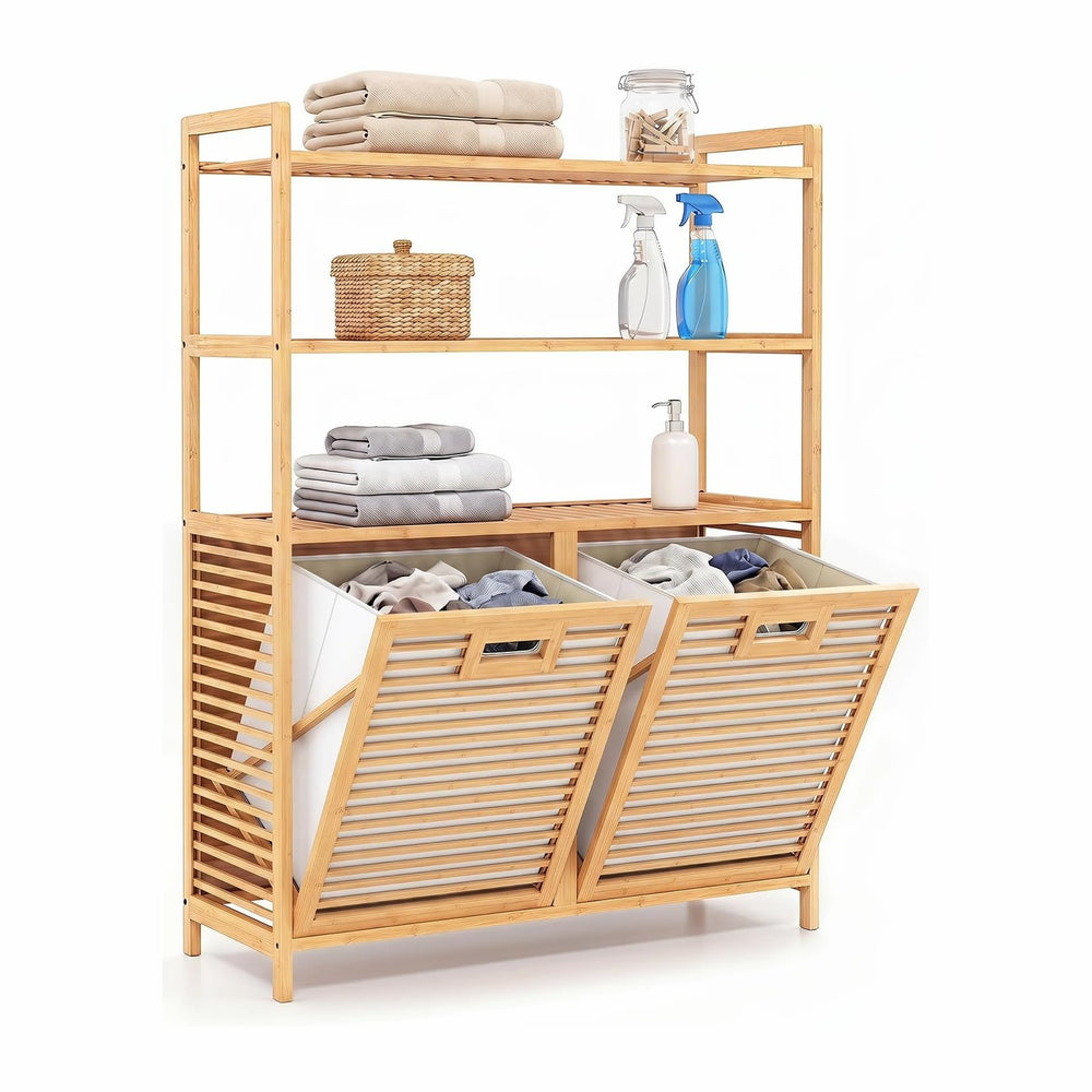 GOFLAME Bamboo Double Tilt Out Laundry Hamper Cabinet with Shelves