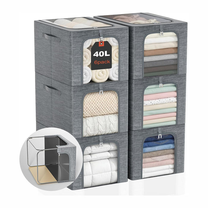 GoMaihe Clothes Storage Bins with Metal Frame for Closet, 40L 6-Pack Grey