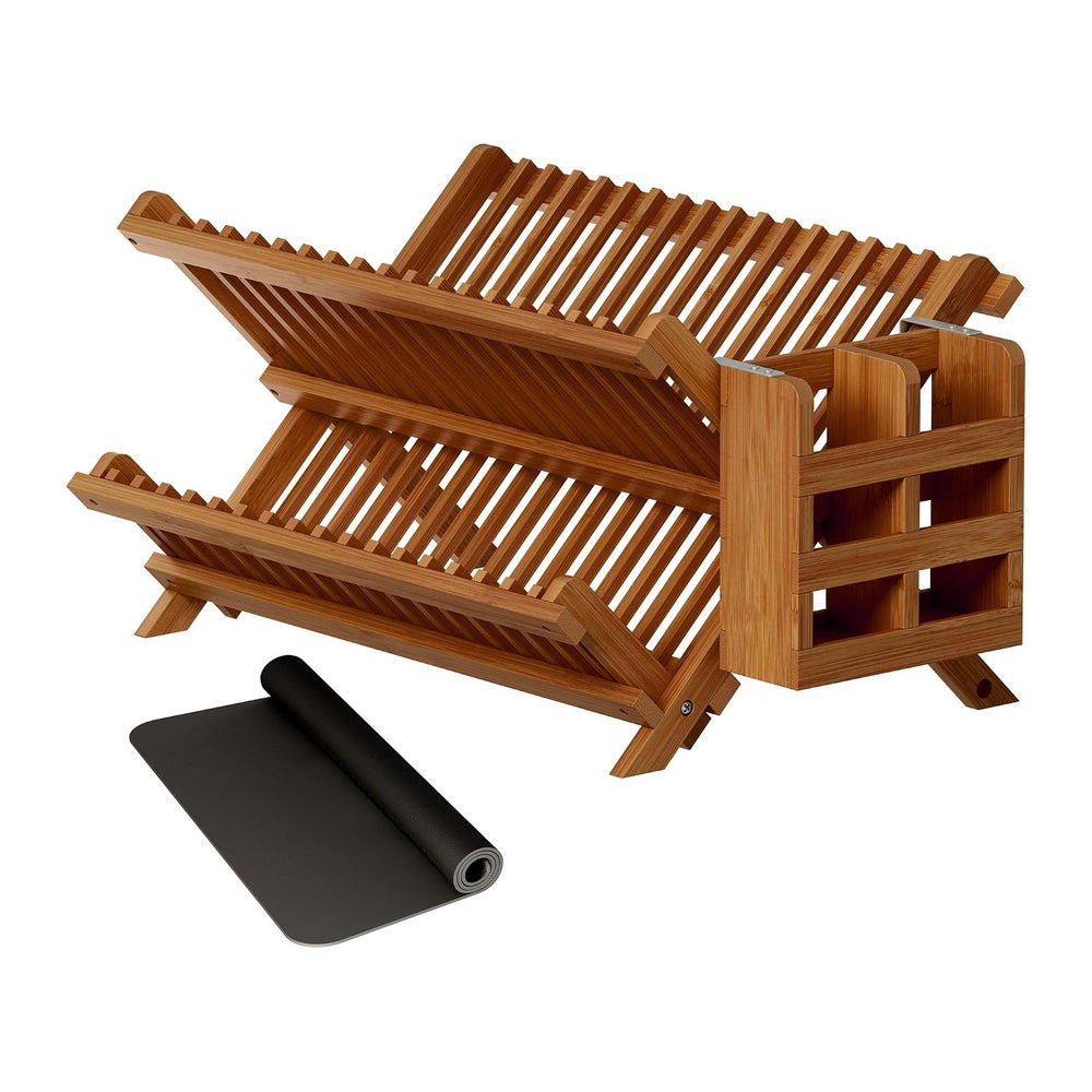 Greenual Teak Dish Drying Rack with Utensil Holder, 2 Tier Collapsible Dish R...