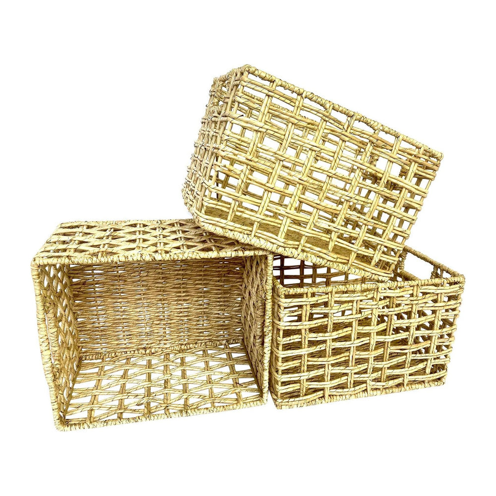 Handwoven Buri & Wicker Storage Baskets Set of 3 Open Weave, 12 x 10 x 8 In