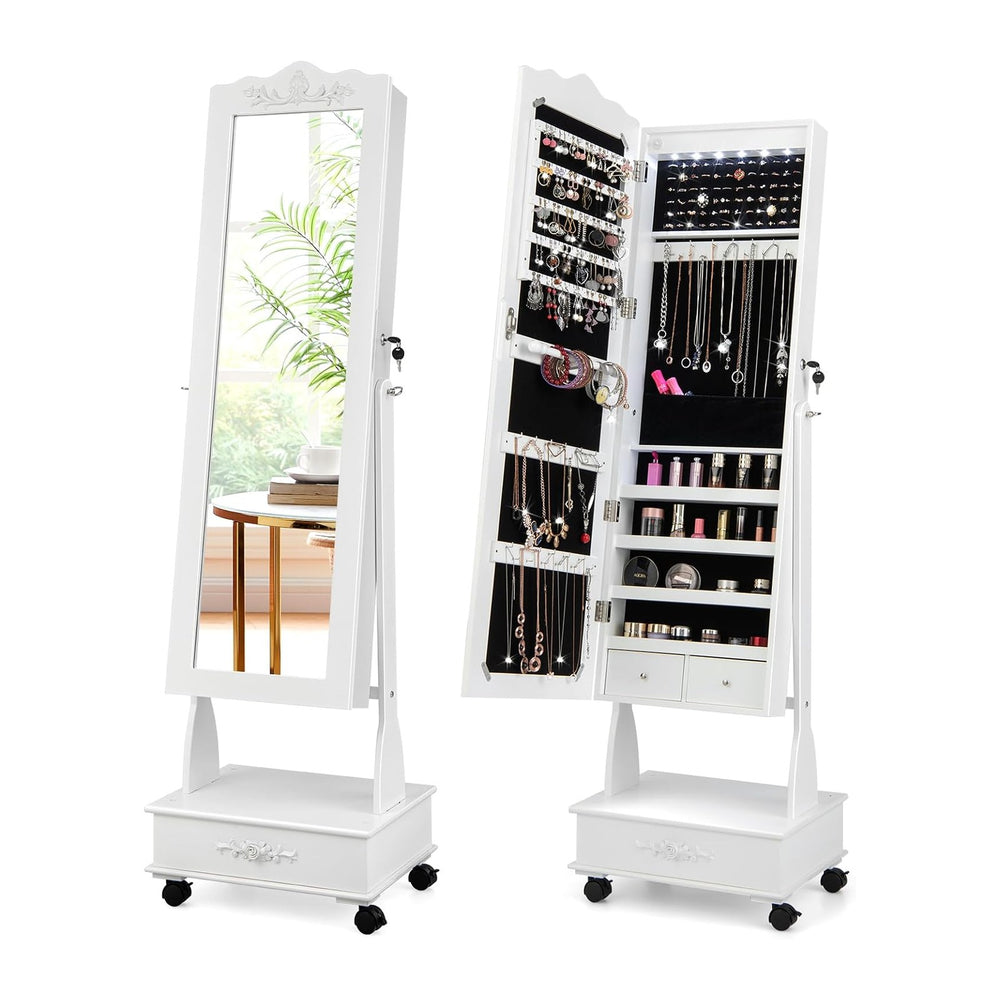 HAPPYGRILL Full Length Jewelry Armoire, Lockable Jewelry Organizer with Wheel...