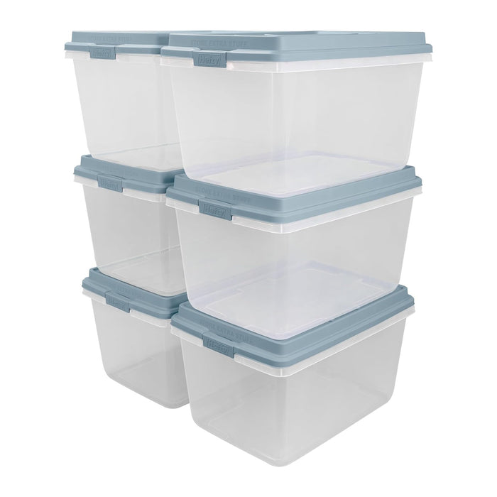 Hefty HI-RISE Stackable Storage Bins - Under Bed Storage Containers with Lids, Shoe Organizer, Plastic Storage Bins, Clear Shoe Boxes with XL Lid-Locking Latches, Durable Double Rim - 72qt (6 Pack)