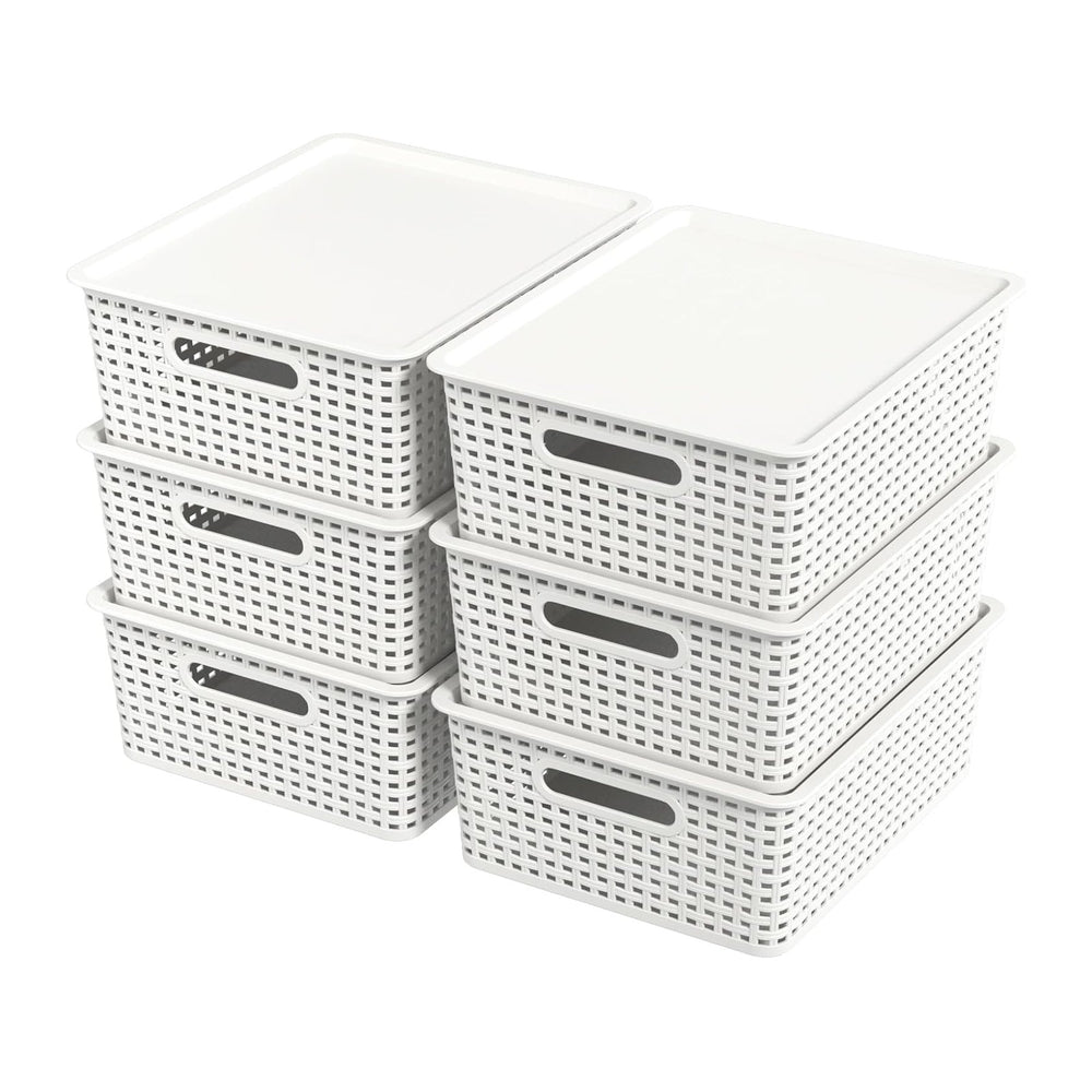 Hespama 6 Pack Plastic Weave Storage Basket, Stackable Lidded Organizer Bin