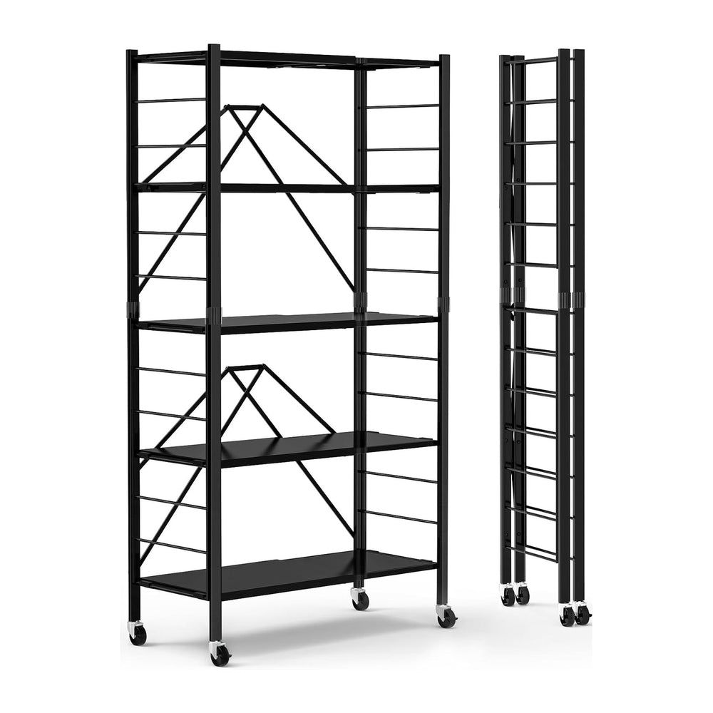 Himix 5-Tier Foldable Expandable Storage Shelves Wheels Kitchen 2-in-1 Rack
