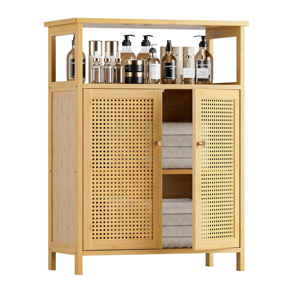 HITNET Rattan Bathroom Storage Cabinet, Bamboo Floor Cabinet with 2 Doors and...