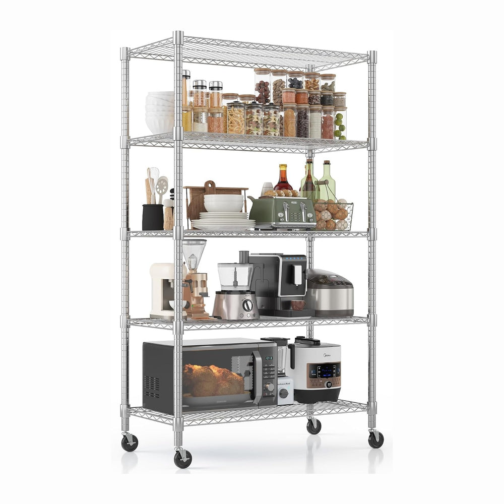 Homdox Heavy Duty Storage Shelves, 5 Tier Wire Shelving Unit with Wheels, Com...