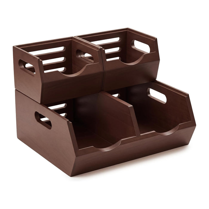 HOMESTEAD Stackable Solid Wood Storage Bins for Kitchen Pantry & Countertop, Ventilated Potato and Onion Basket Organizer with Handles, Wooden Produce Storage Containers, 3-Pack, Chestnut Finish