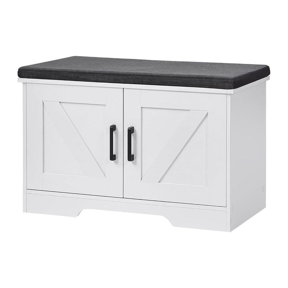 HOMSHO Farmhouse Shoe Storage Bench with 2 Barn Doors & Padded Seat Cushion