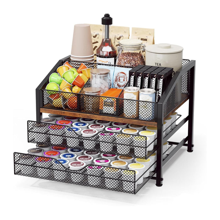 Homsorout Coffee Bar Organizer - Coffee Station for Countertop, Metal and Wood K Cup holder Storage Basket for Coffee Pods, Syrup, Cups, Stirrer, Coffee Condiment, Tea Organizer, Black and Brown