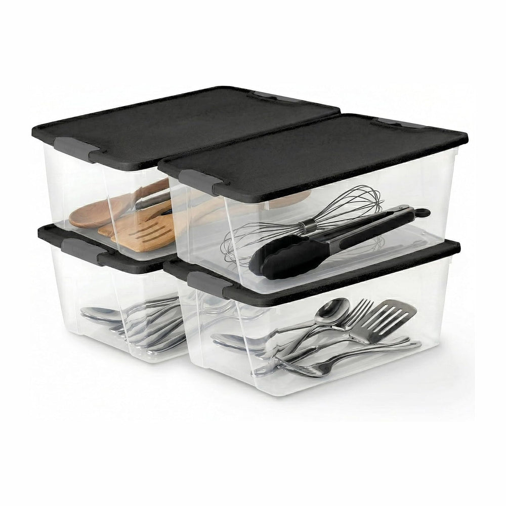 HOMZ Secure Latch, Clear Plastic Storage Organizer Bins, 15 Quart, 4 Pack