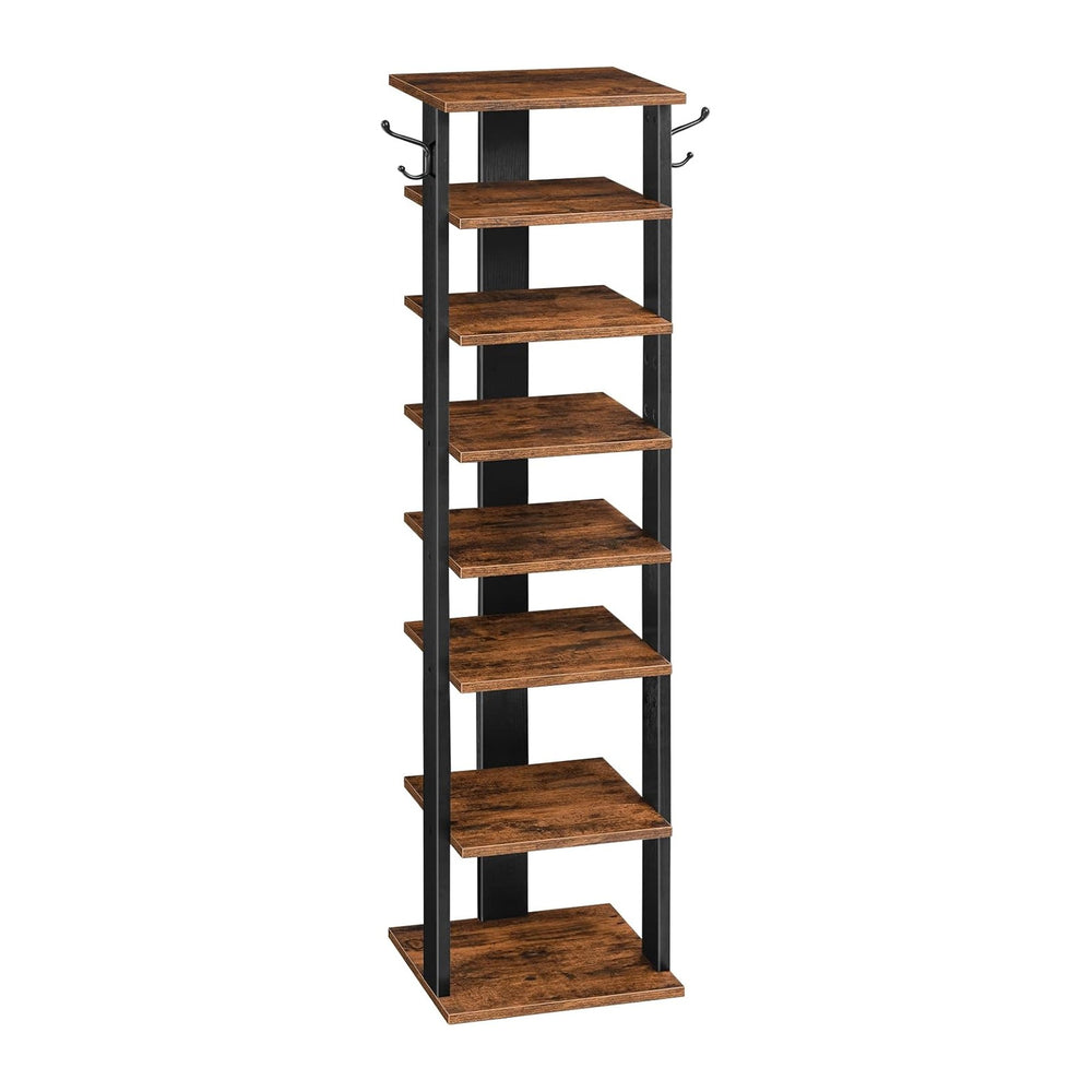 HOOBRO 8 Tiers Vertical Shoe Rack, Wooden Shoe Storage Organizer with Hooks, ...