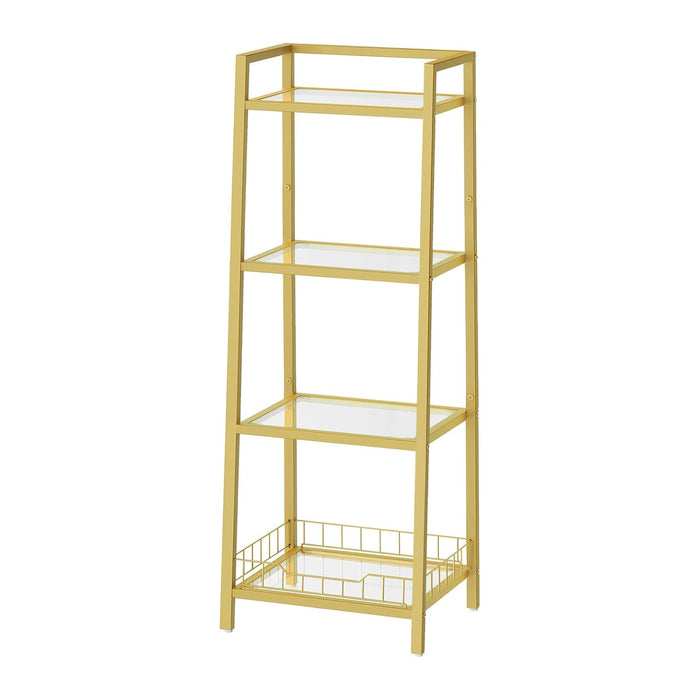 HOOBRO Gold Glass Shelf Stand, 4 Tier Standing Shelf Unit, Bathroom Organizer and Storage, Floor Storage Shelves Waterproof, for Bathroom, Laundry, Toilet, Tempered Glass, Gold GD79CJ01