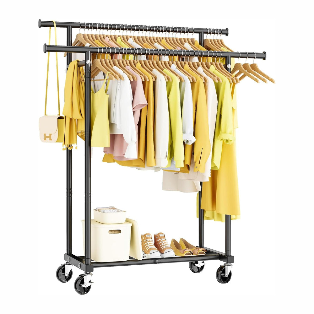 HYSEYY Double Rods Clothes Rack, Rolling Clothing Rack for Hanging Clothes Po...
