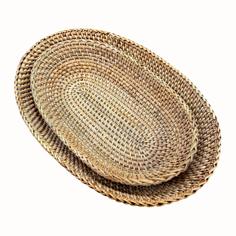 i-lan 2-Pack Oval Rattan Bread Baskets, 12 & 15 Inch Wicker Serving Set