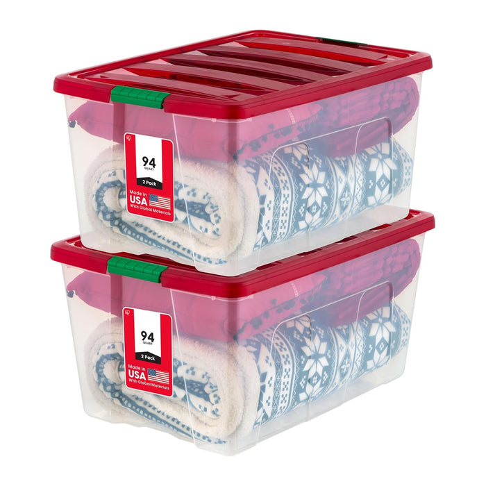 IRIS USA 2-Pack, 94 Qt. Holiday Storage Bin with Lids, Red