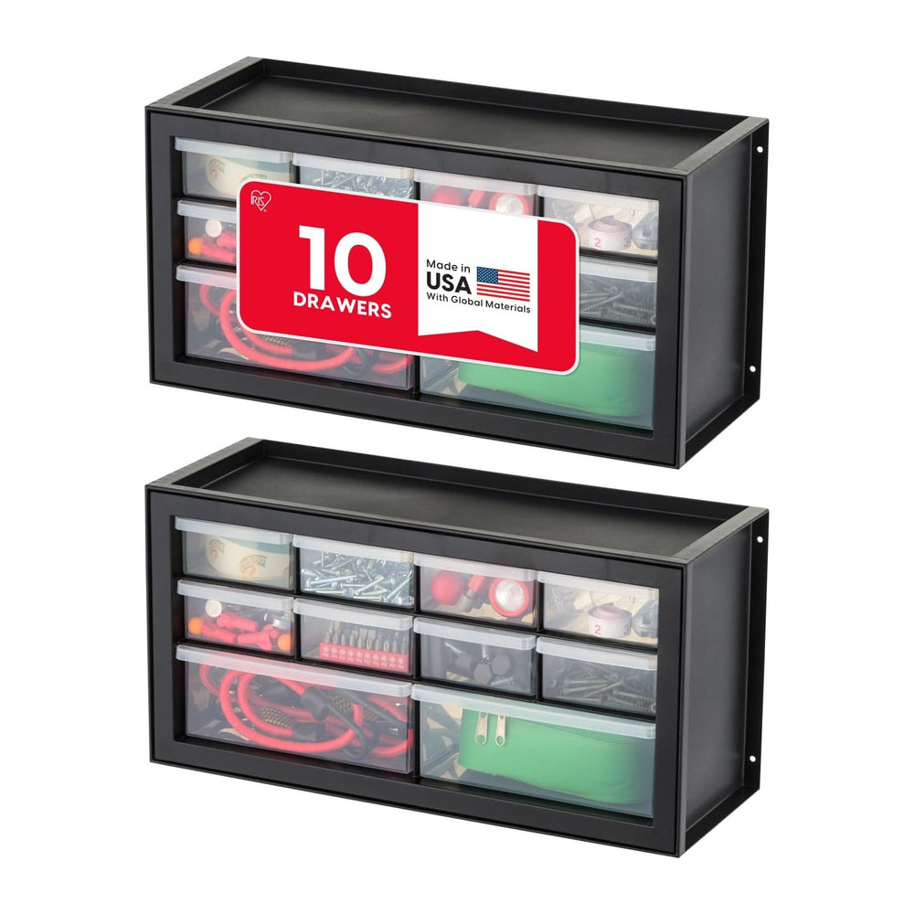 IRIS USA Plastic Storage Drawer Organizer, 10 Drawer Cabinet, 2 Pack, Black