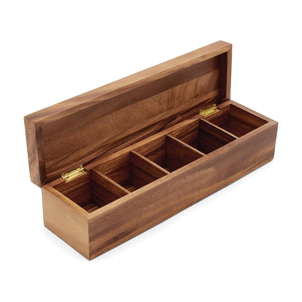 Ironwood Gourmet Large 5 Compartment Tea Box, Acacia Wood Tea Bag Organizer W...