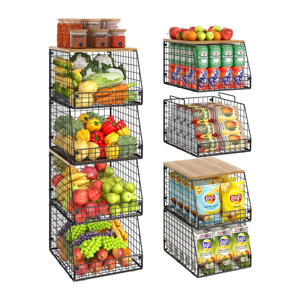 Jakyitvi 4 Pack Stackable Wire Baskets with Fixed Wooden Top, Vegetable Fruit...