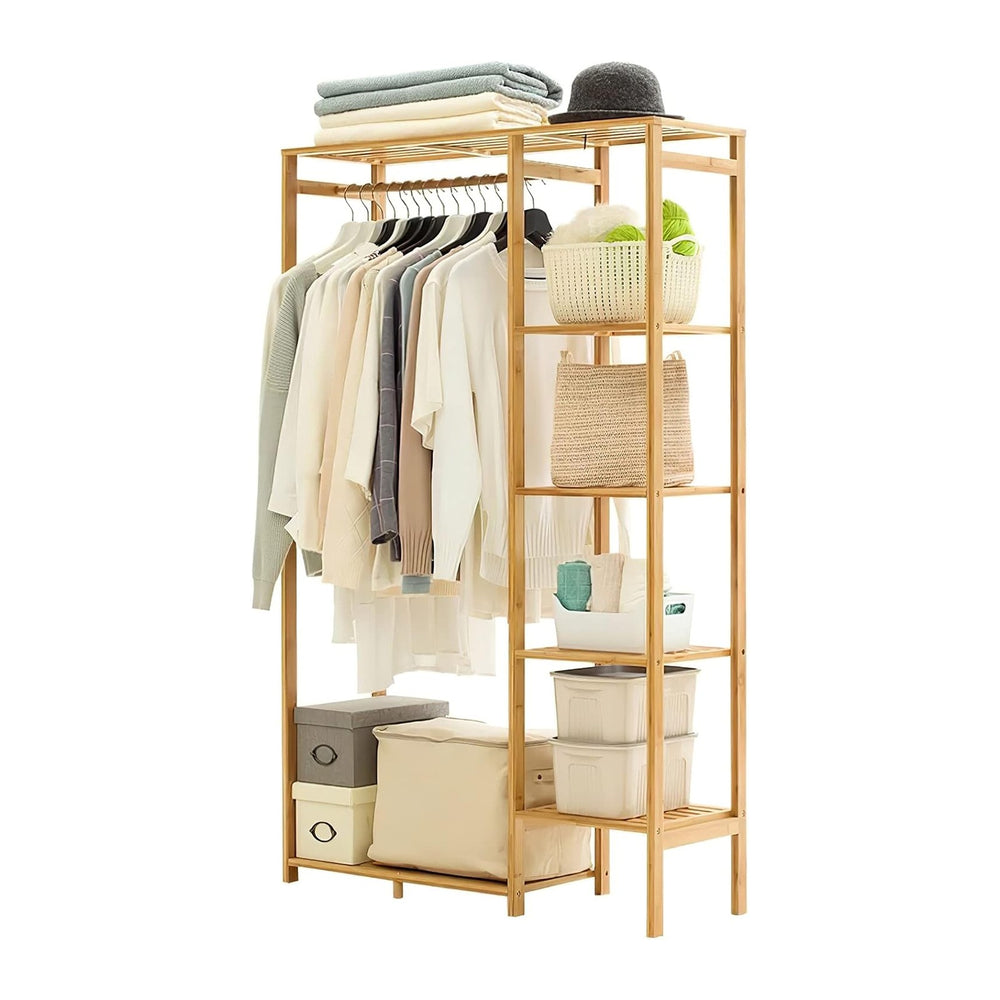 Jotsport Bamboo Clothing Rack with 6 Tier Storage Shelf & Hanging Rod