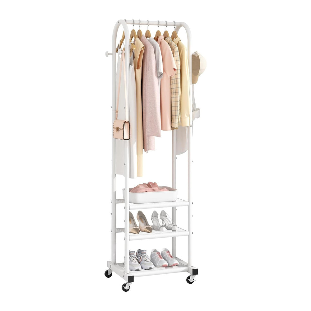 Kaitiemoo Clothing Rack, Mobile Garment Rack with Wheels & 3 Shelves, White