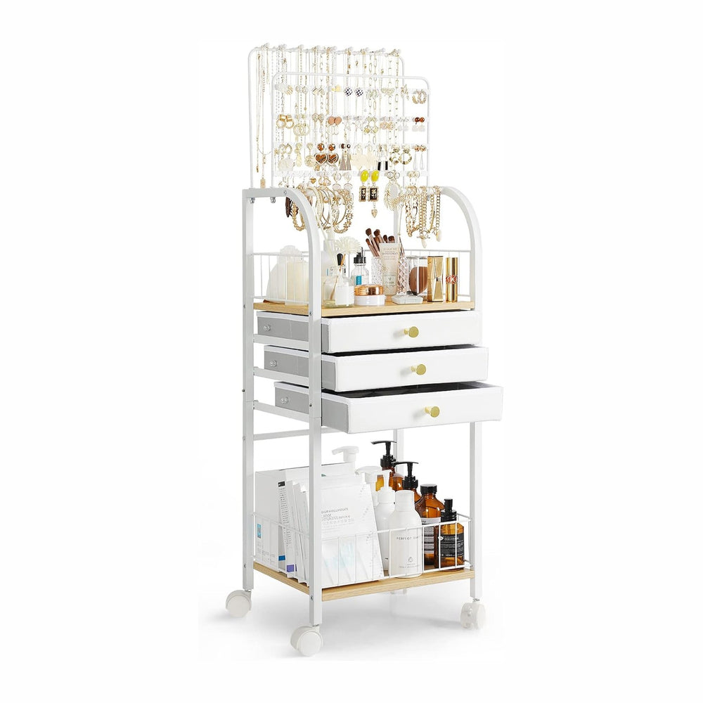 Keebofly Large Floor Jewelry Organizer Stand with 3 Drawers - White