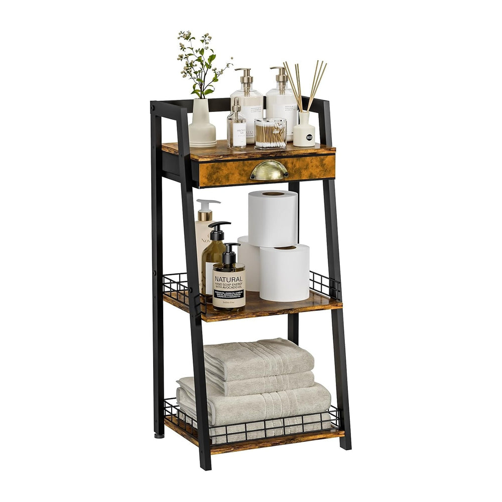 keomaisyto 3-Tier Bathroom Shelves with Canvas Drawer, Floor Bathroom Storage...