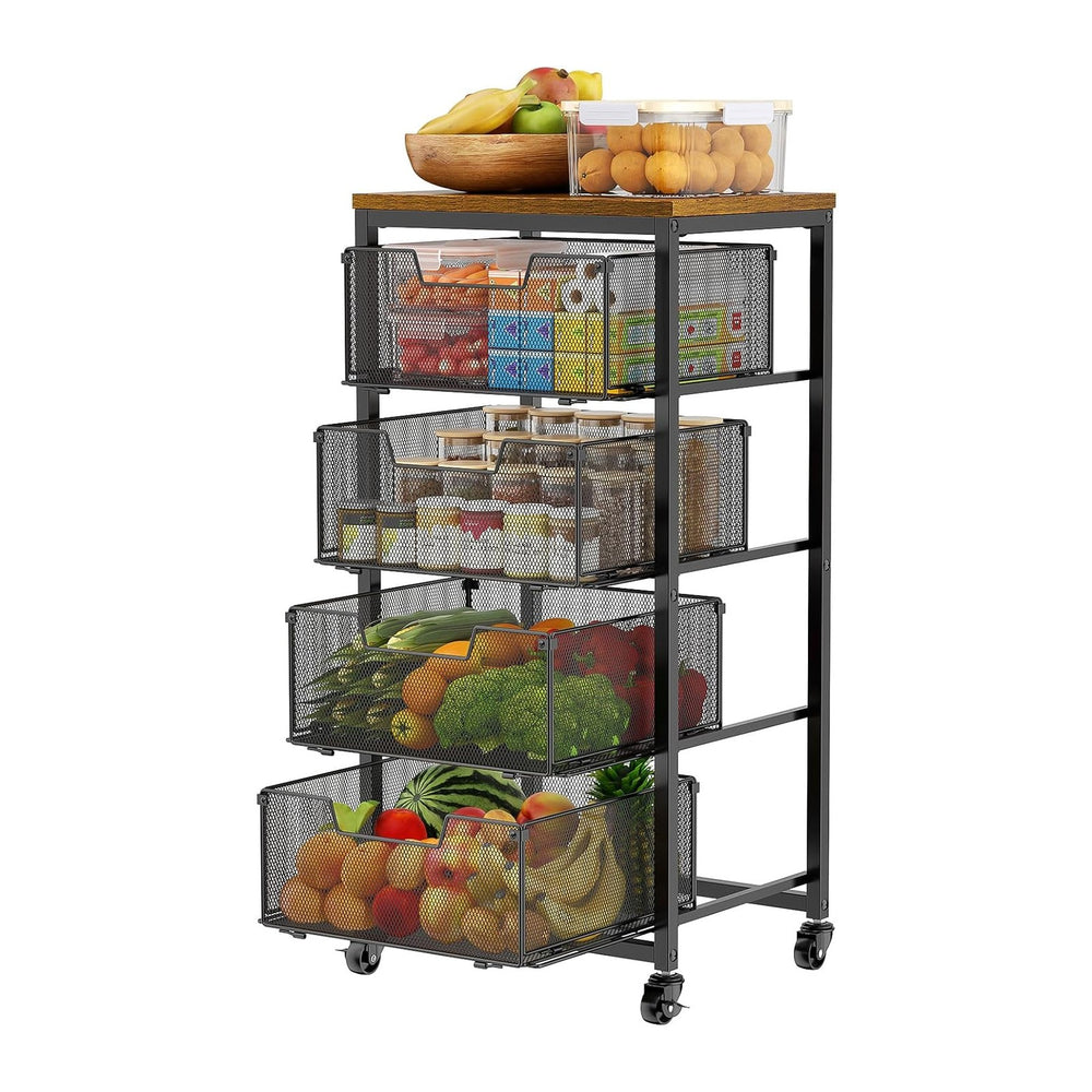Kitchen Rolling Cart with Drawers, 4-Tier Fruit Vegetable Storage Cart on Whe...
