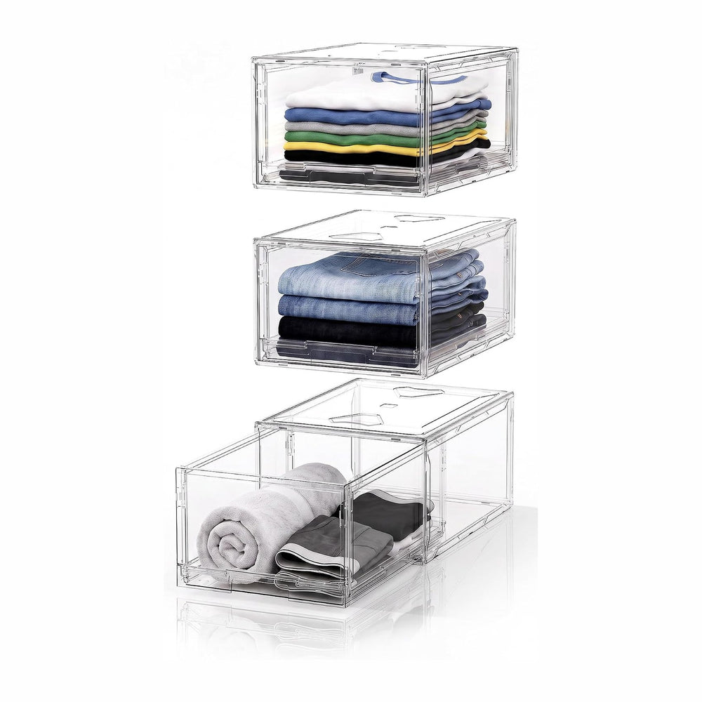 Large Clear Stackable Storage Drawer Organizer for Closet, 3 Pack