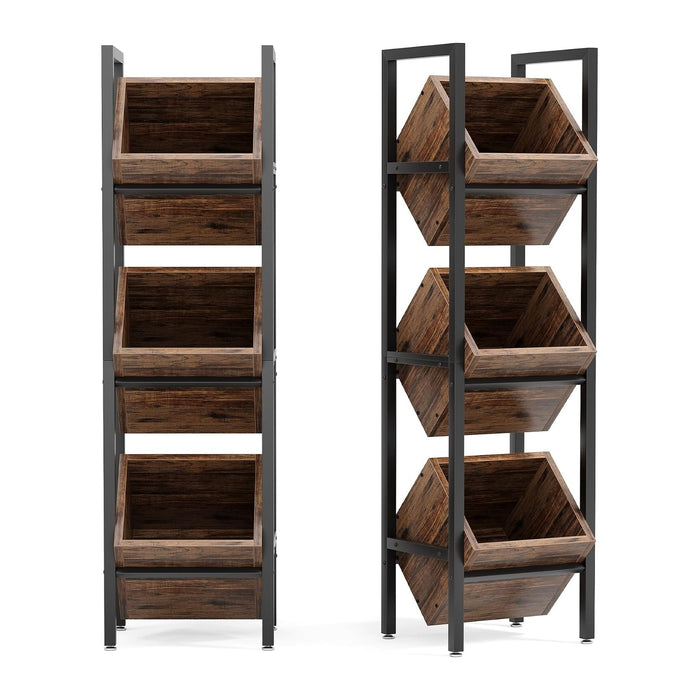 LITTLE TREE 3-Tier Basket Stand, Wooden Floor Stand Shelving Unit, Standing Organizer Storage Rack for Kitchen, Bathroom, Living Room (Rustic Brown, 2)