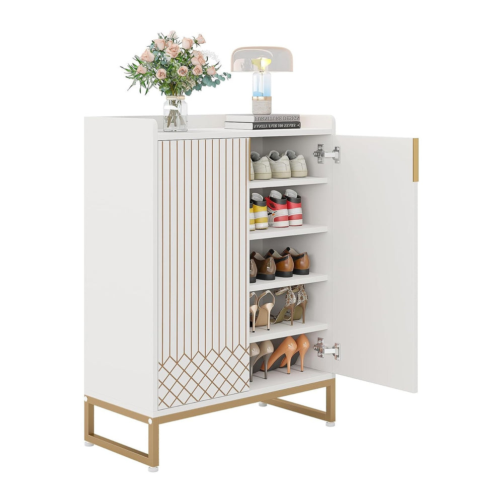 LITTLE TREE Modern White Shoe Cabinet with Doors for Up to 25 Pairs, 5-Tier W...