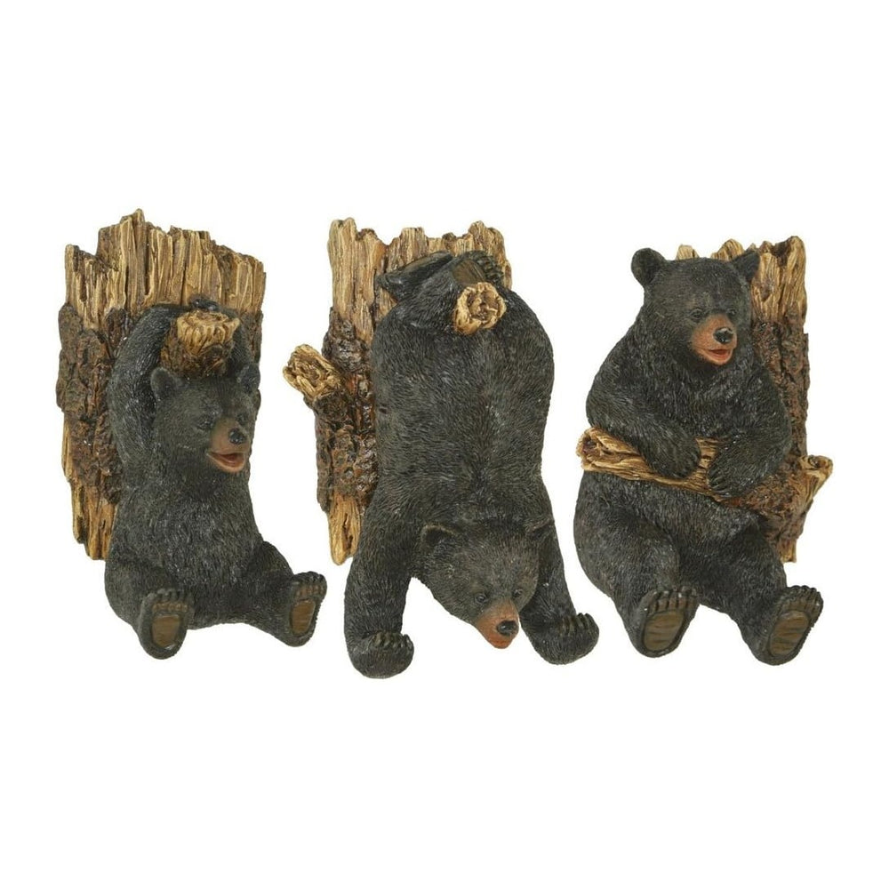 Marco Set of Three Resin Black Bear and Tree Trunk Wall Hooks -Lodge Decor
