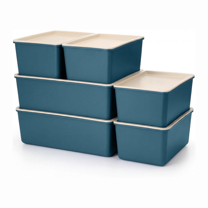 Menkxi 6 Pcs Large and Small Plastic Storage Bins with Lids 14.4 x 10.4 x 5.1 Inch Stackable Storage Containers Decorative Cubby Organizer for Clothes Shelves Garage Closet Office (Blue)