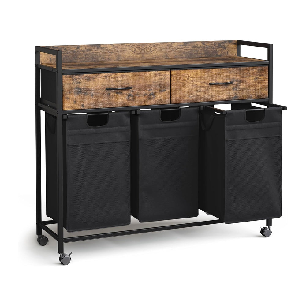 Mondeer 150L Laundry Sorter 3 Section with 3 Bags 4 Wheels 2 Drawers