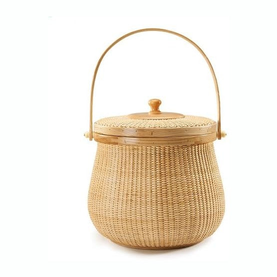 Nantucket Pot Belly Baskets, Fine Cane Weaving Circular with Swing Hardwood H...
