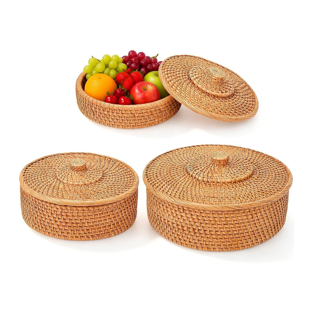 Newtay 3 Pack Rattan Basket with Lid, Round Wicker Storage Basket Woven Box R...