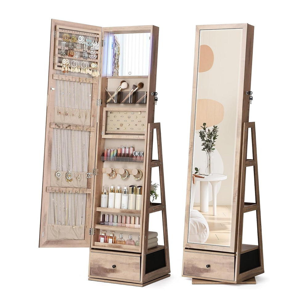 Nicetree 360° Swivel Jewelry Cabinet with Lights, Full Length Mirror, Oak