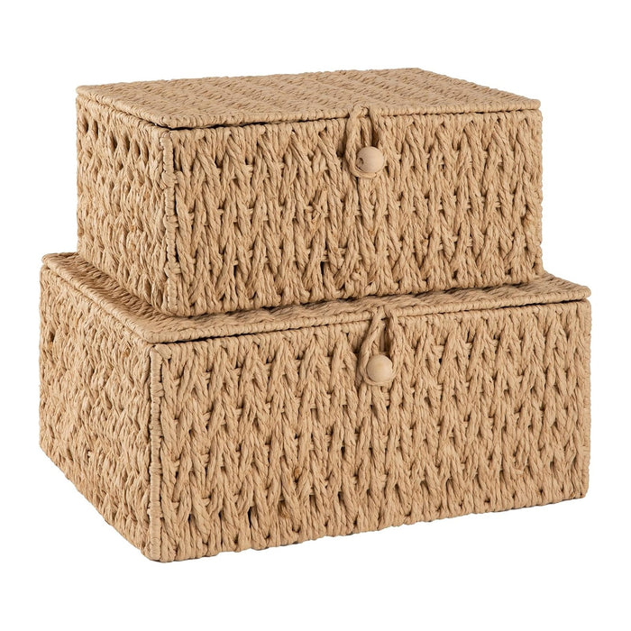 OIAHOMY Wicker Storage Basket with Lid & Lock, Lidded Storage Bins, Decorative Baskets for Organizing, Set of 2-Natural