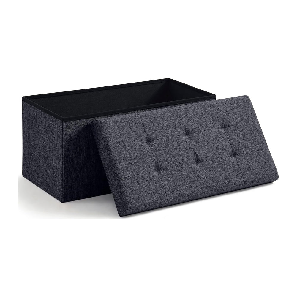 Ornavo Home 30 Inch Folding Storage Ottoman Bench, Tufted Linen, Black