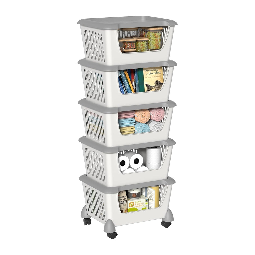 Plastic Stacking Basket with Wheels, Stackable Storage Basket Organizer, 5 Tiers