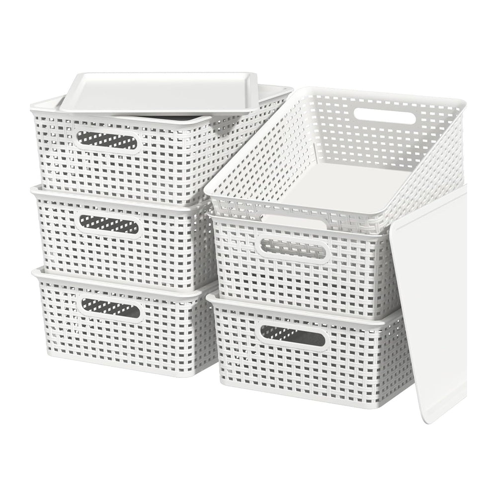 Plastic Storage Baskets with Lid, 6-Pack Organizer Bins, White