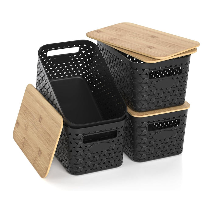 Plastic Storage Bins with Bamboo Lids, Stackable Small Box Baskets for Organizing and Containers for Shelves Drawers Desktop Closet Pantry Classroom Office Home, 4 Pack 12x7.3x6.2 Inch, Black
