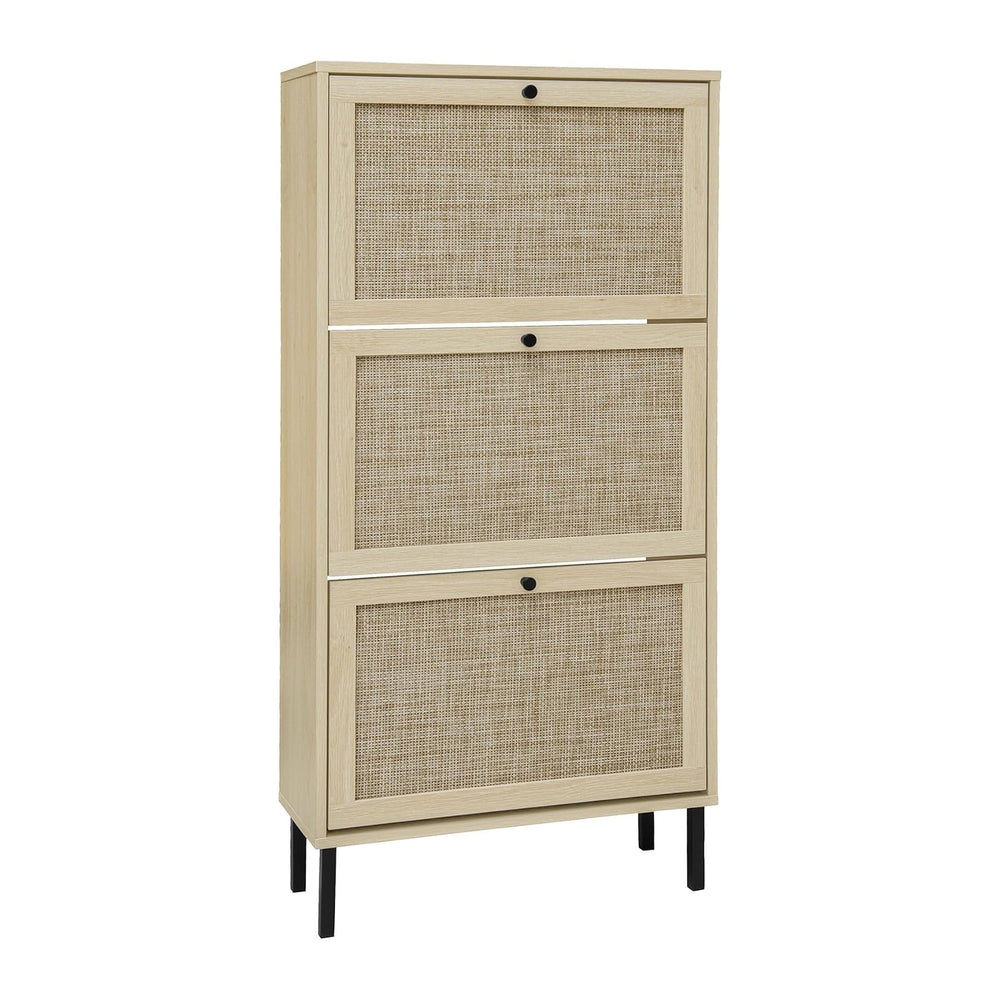 Rattan Shoe Cabinet with 3 Flip Drawer Slim Narrow Shoe Rack Cabinet with Sto...