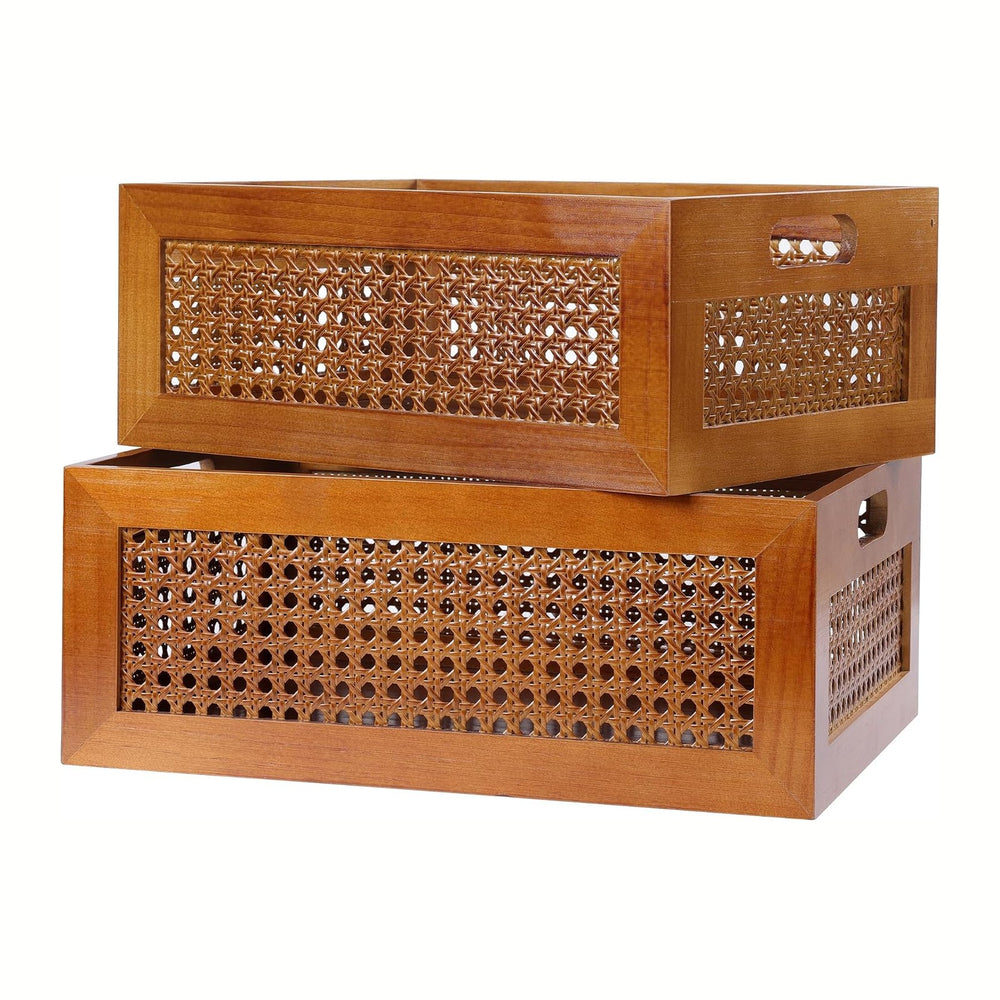 Rattan Wooden Box Set of 2 Handmade Decorative Storage Basket with Handles