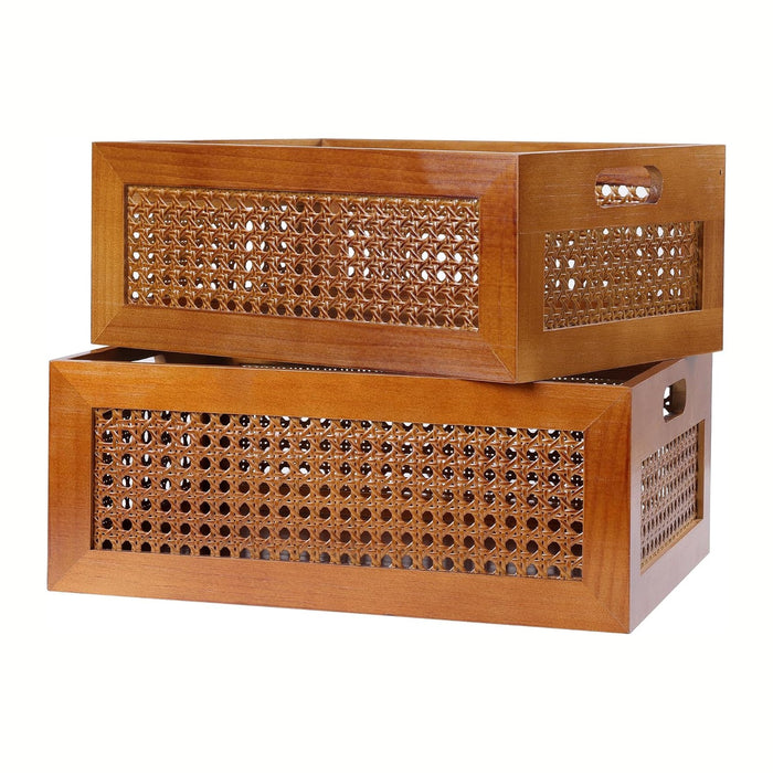 Rattan Wooden Box Set of 2 Handmade Decorative Storage Basket with Handles