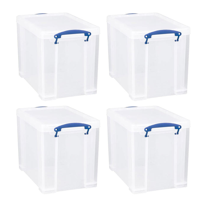 Really Useful Box 19 Liter Plastic Stackable Storage Container w/Snap Lid & Built-in Clip Lock Handles for Home & Office Organization, Clear (4 Pack)