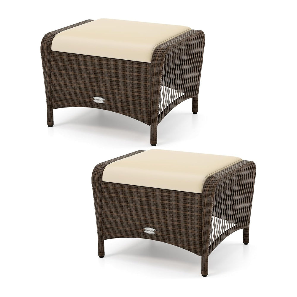 RELAX4LIFE 2-Piece Wicker Outdoor Ottoman - Rattan Footstools w/Removable Cus...