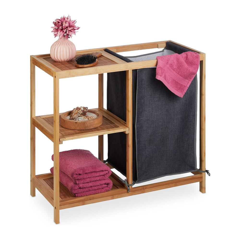 Relaxdays Bamboo Laundry Basket, 3 Shelves, Removable Fabric Bag, H x W x D: ...
