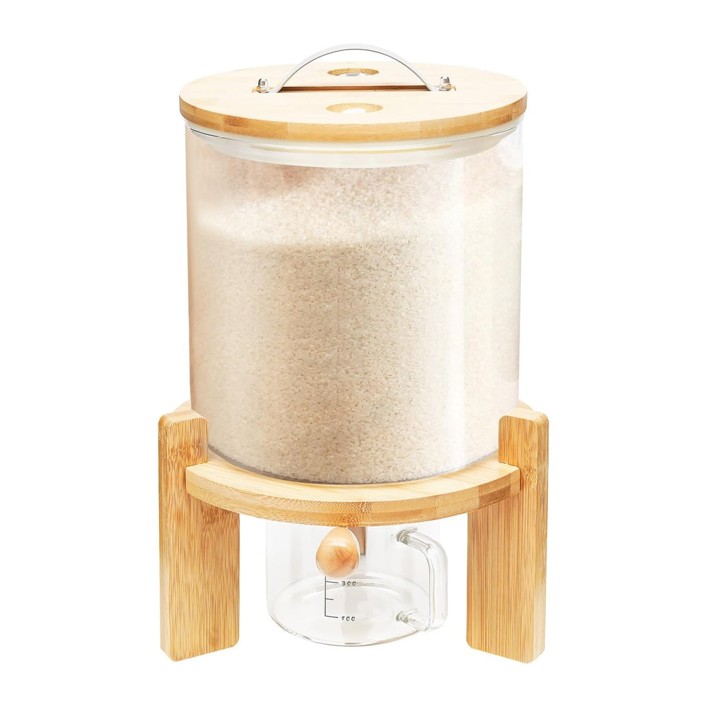 Rice Dispenser Cereal Container With Wooden Stand & Measuring Cup 5L
