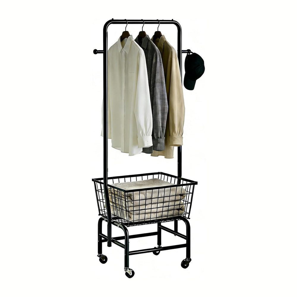 Rolling Laundry Cart with Hanging Rack Metal Laundry Basket with Wheels Laund...